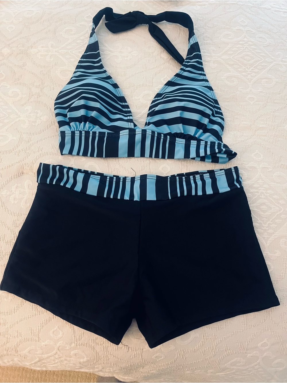 Striped Turquoise and Black Halter Bikini Top with Black/Pattern Swim Shorts